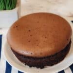 Chocolate chiffon cake on a white plate with blue and white napkin.