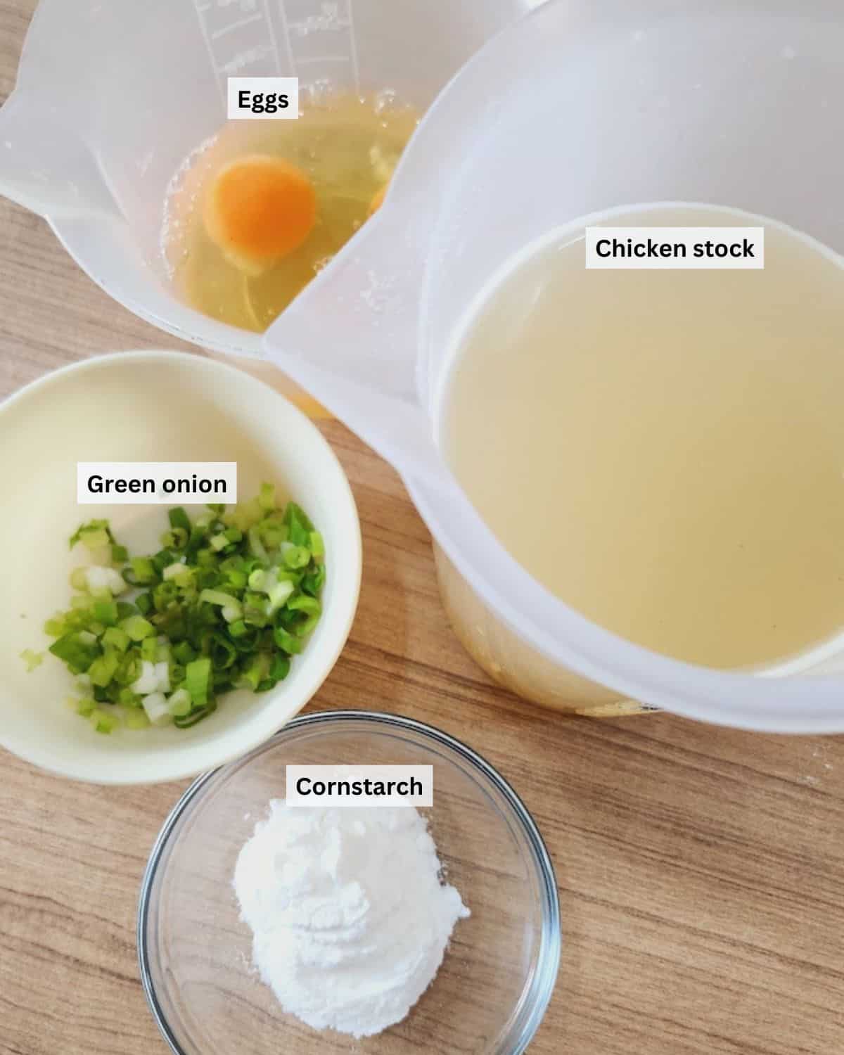 Egg drop soup ingredients with labels.