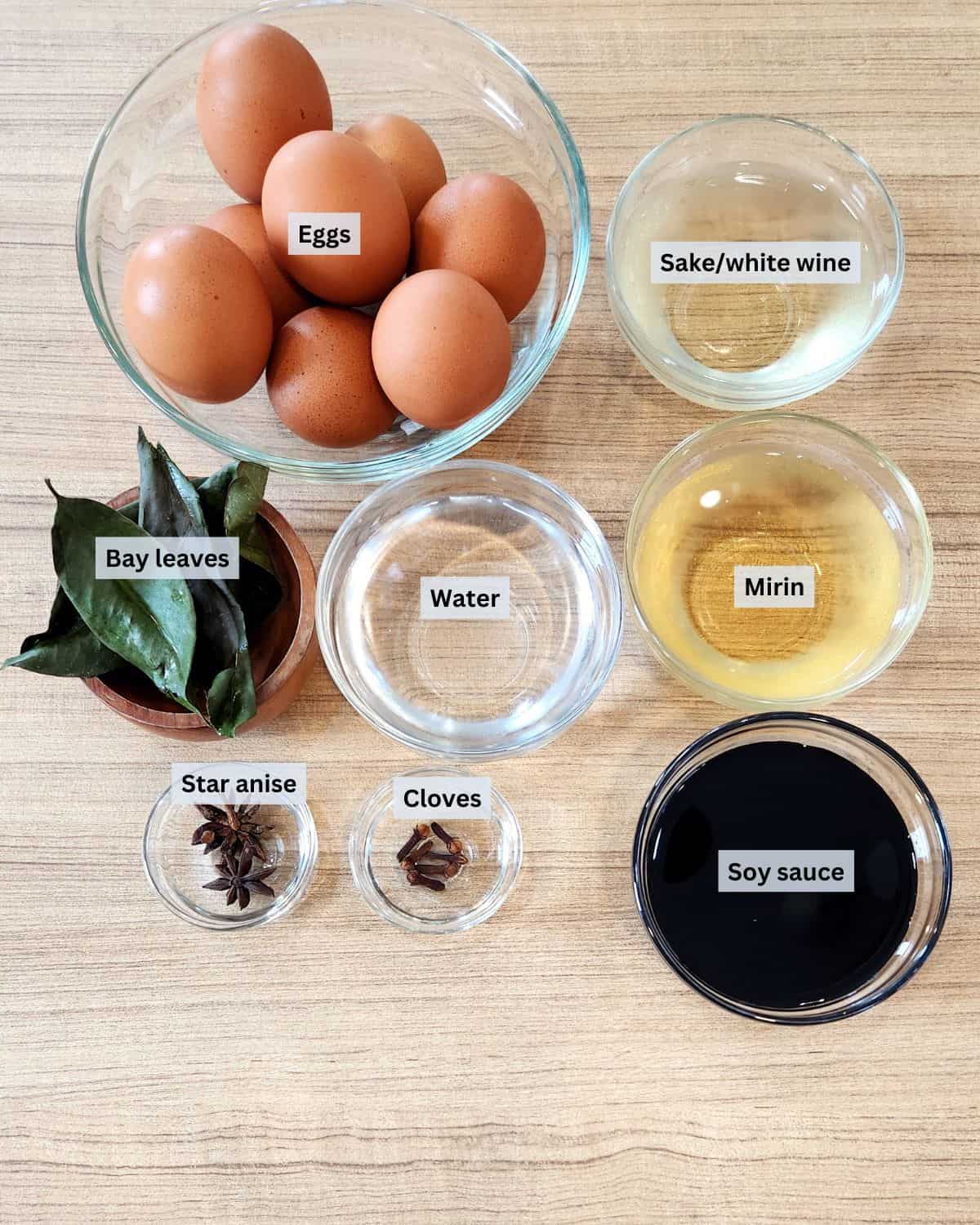Ajitama tamago (ramen egg) ingredients with labels.