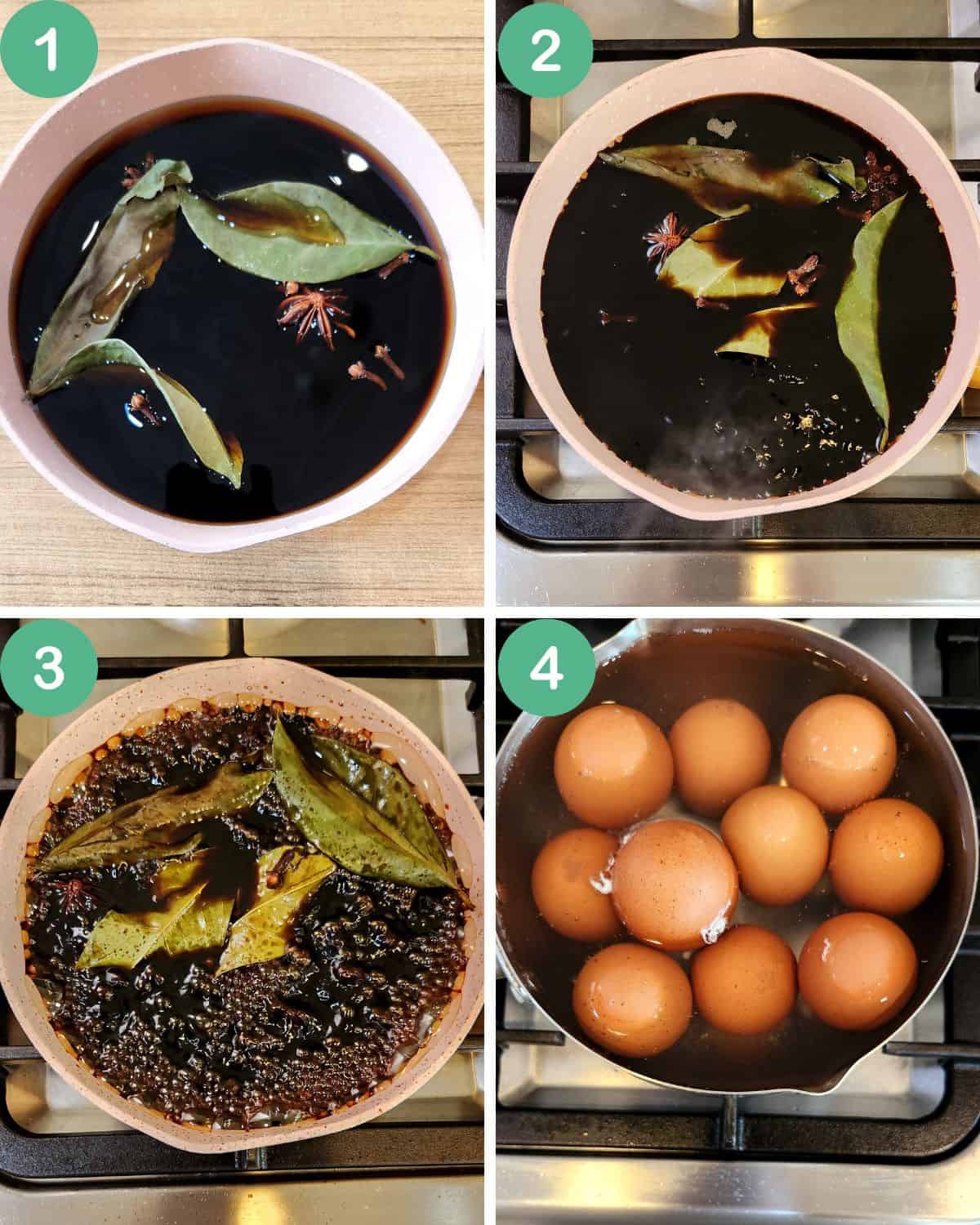 Photo collage of making the sauce mixture for the ajitsuke tamago.