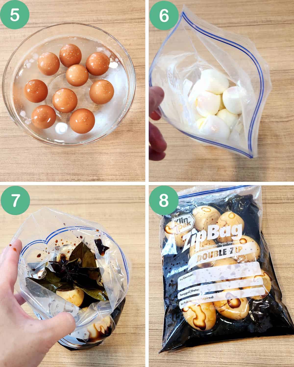 Photo collage of preparing the boiled eggs for marinade.