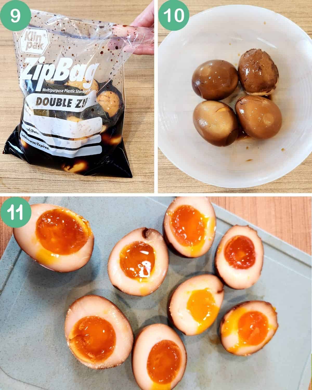 Photo collage of the marinated eggs after a day.
