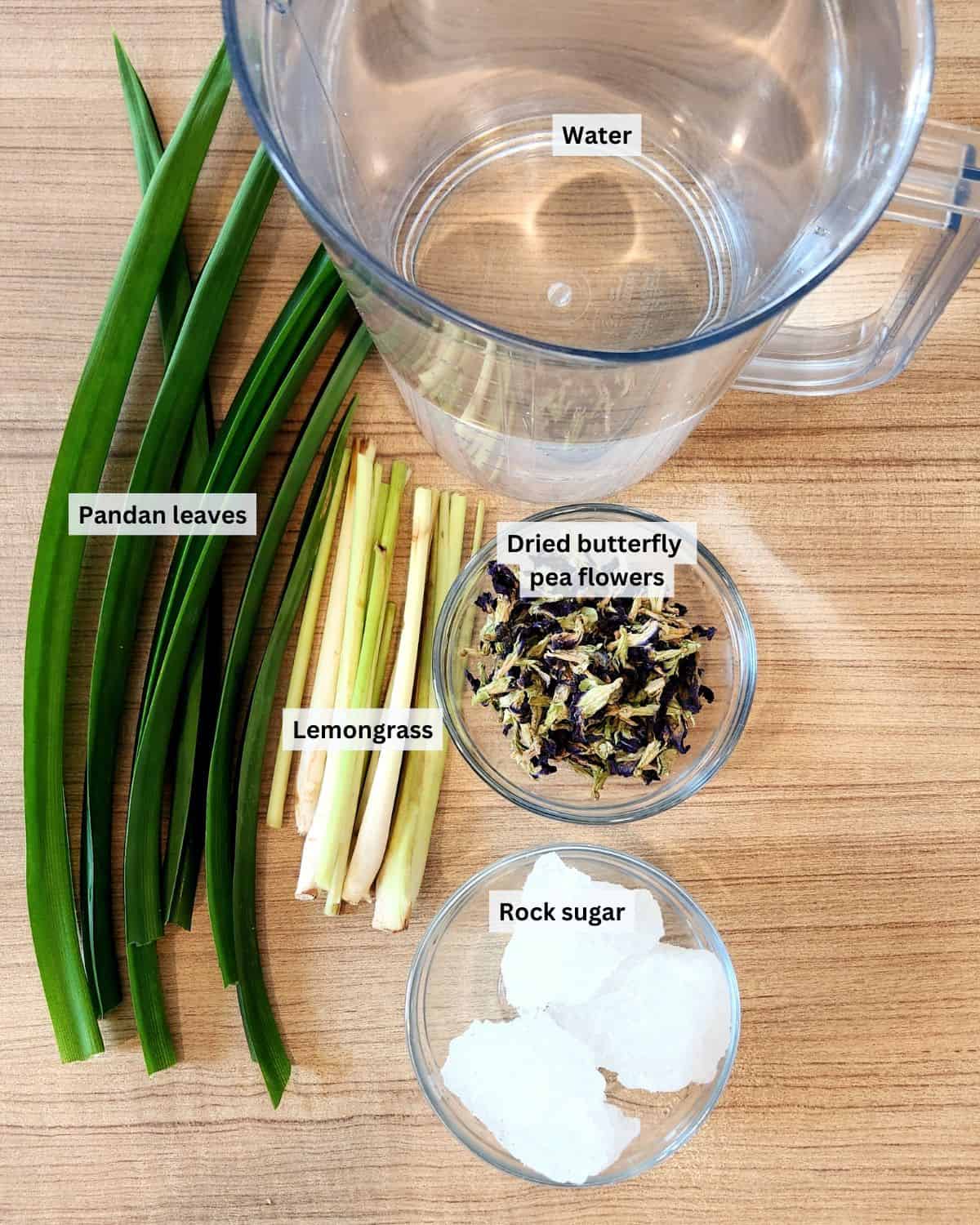 A photo of butterfly pea flower tea ingredients with labels.