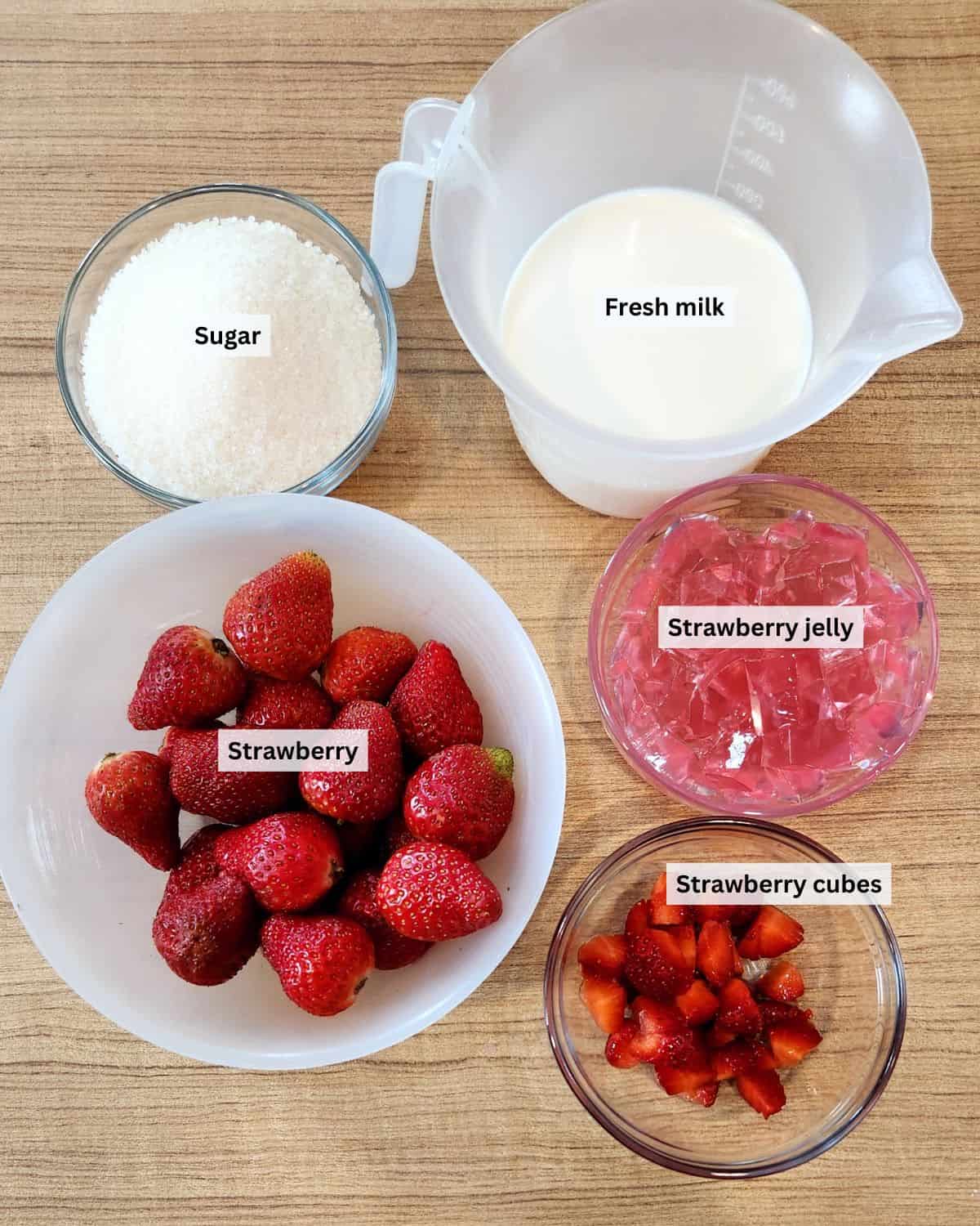 Photo of Korean strawberry milk ingredients with labels.