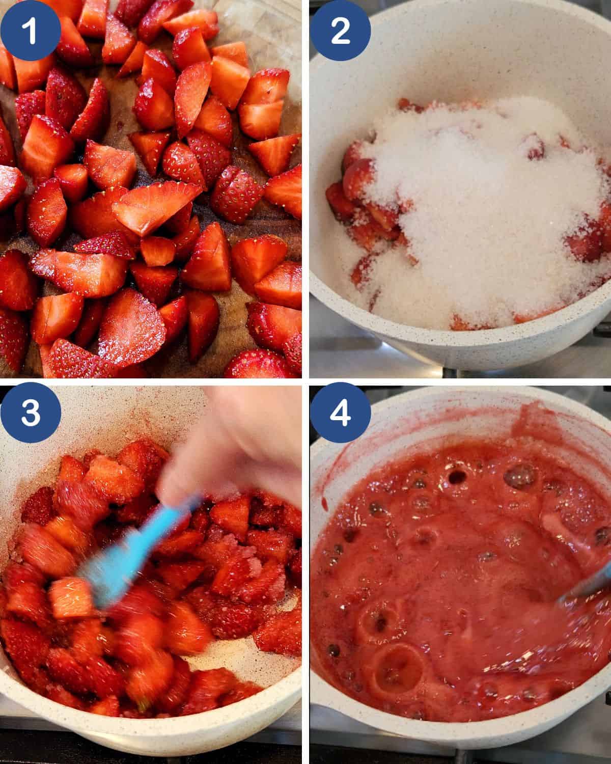 Photo collage of making the strawberry jam for Korean strawberry milk.