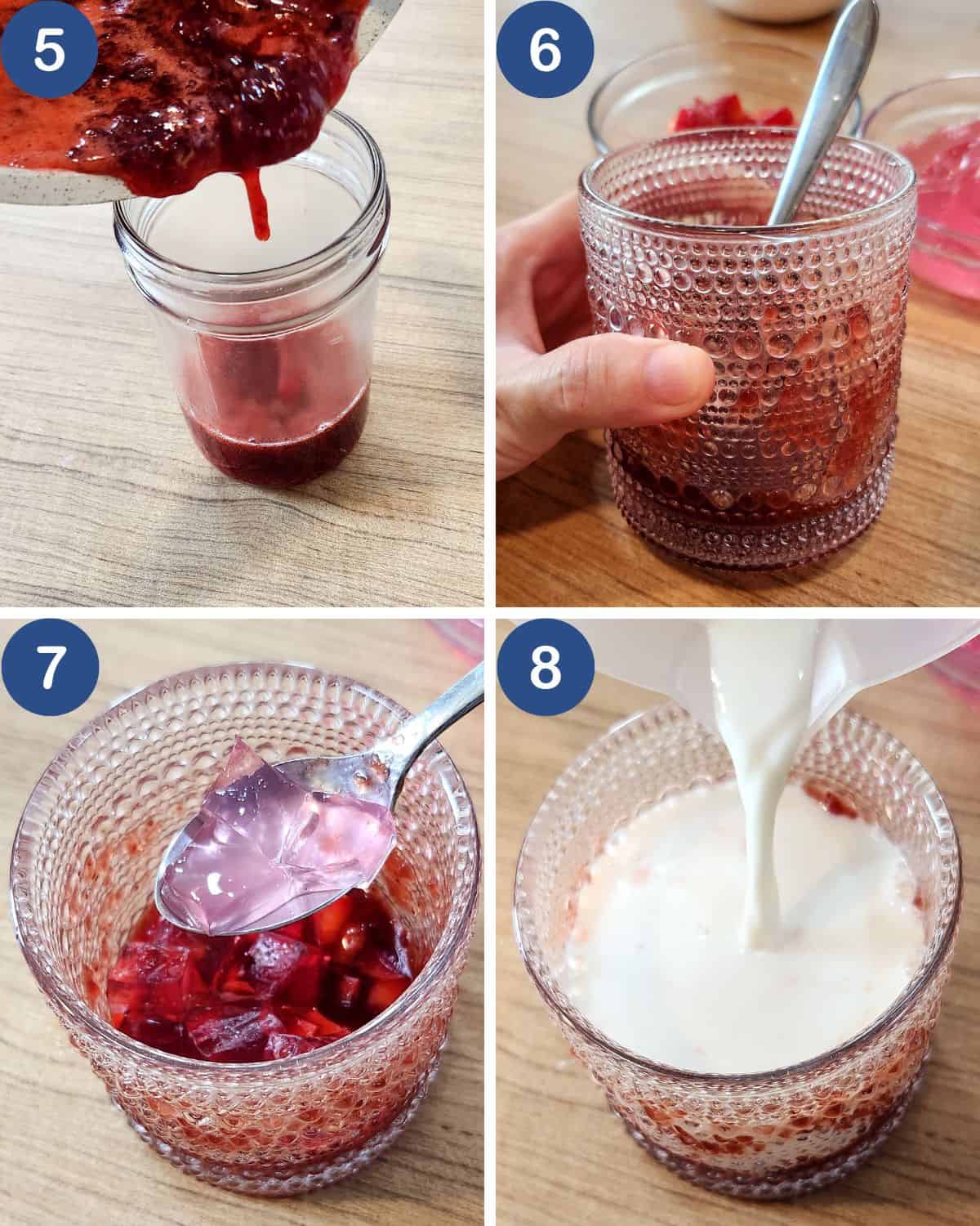 Photo collage of preparing the Korean strawberry milk in a glass.