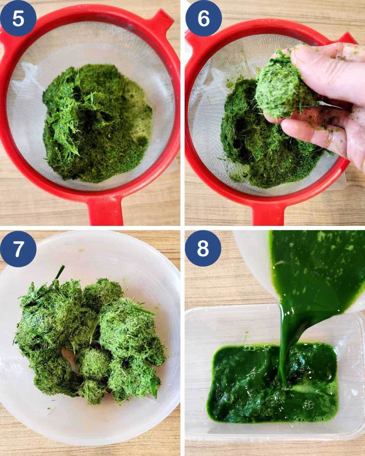 Photo collage of straining the pandan leaves juice.