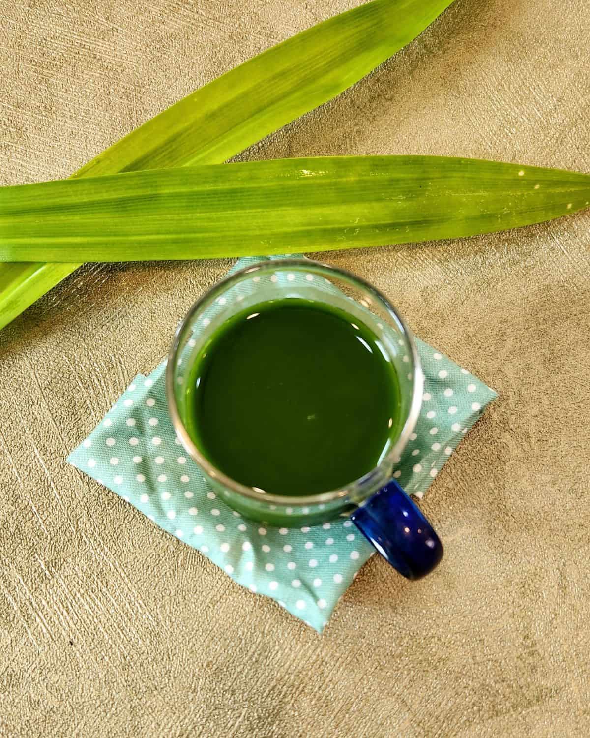 A small cup of pandan extract with pandan leaves next to it.