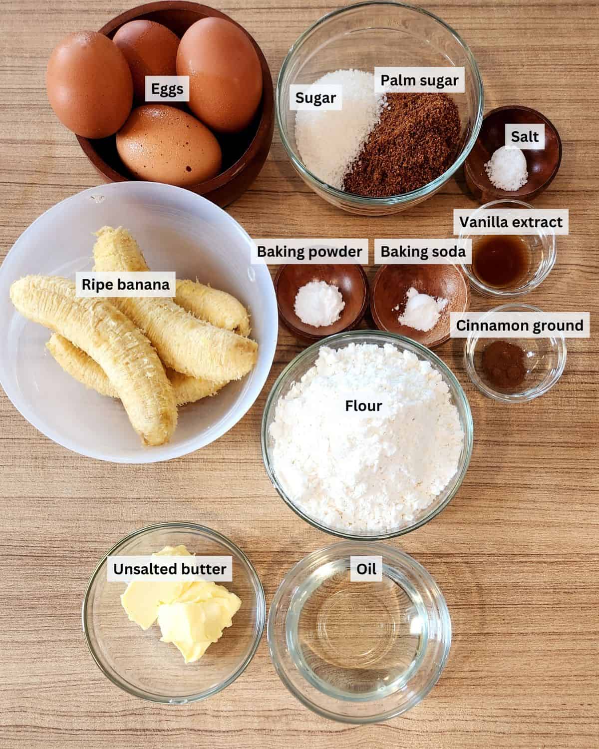 A photo of super moist banana bread ingredients with labels.