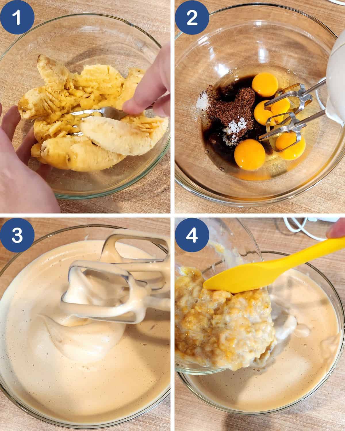 Photo collage of beating the eggs and sugar until thick and pale.