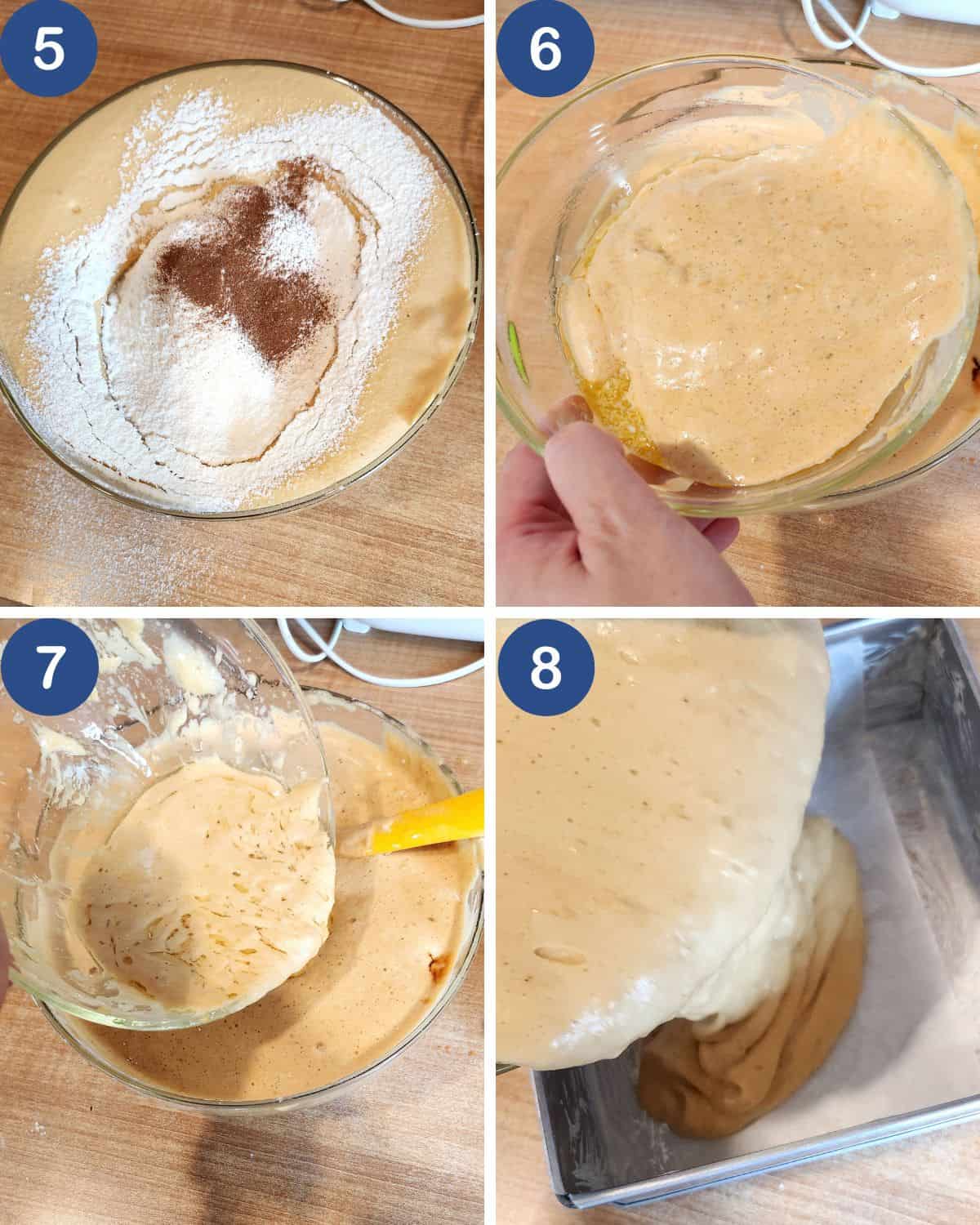 Photo collage of mixing the dry ingredients, butter and oil into the batter.