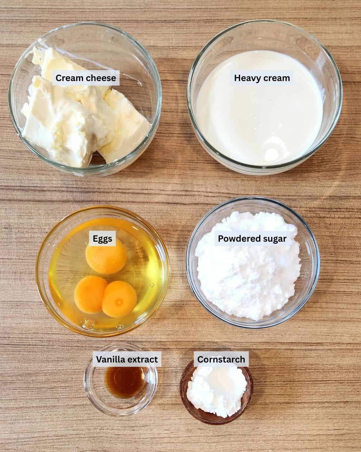 A photo of burnt basque cheesecake ingredients with labels.