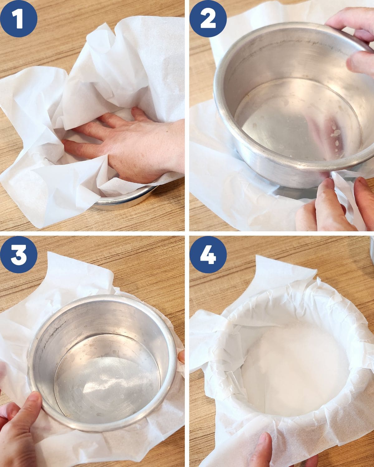 Process photos of preparing the baking pan for basque cheesecake.