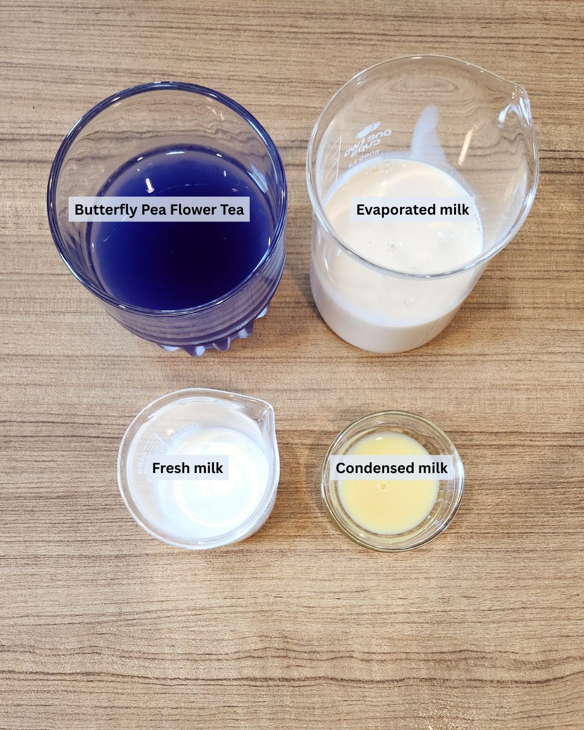 A photo of butterfly pea flower ingredients with labels.