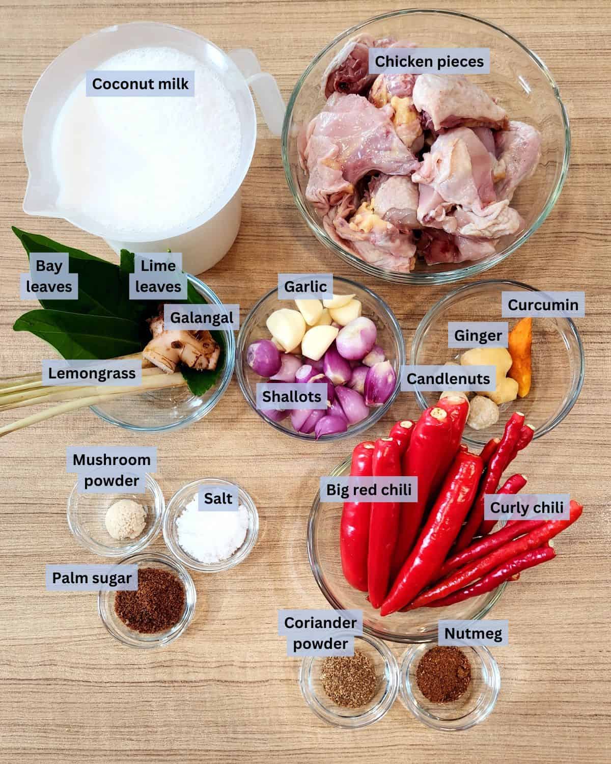 A photo of Chicken rendang ingredients with labels.