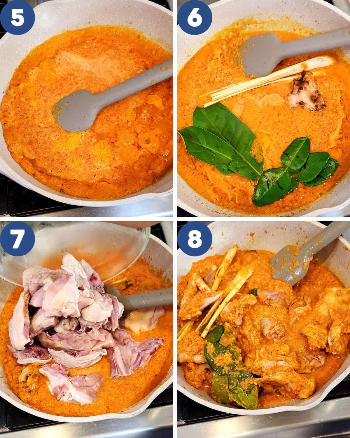 Photo collage of cooking the spices with the chicken pieces until the chicken are all covered.