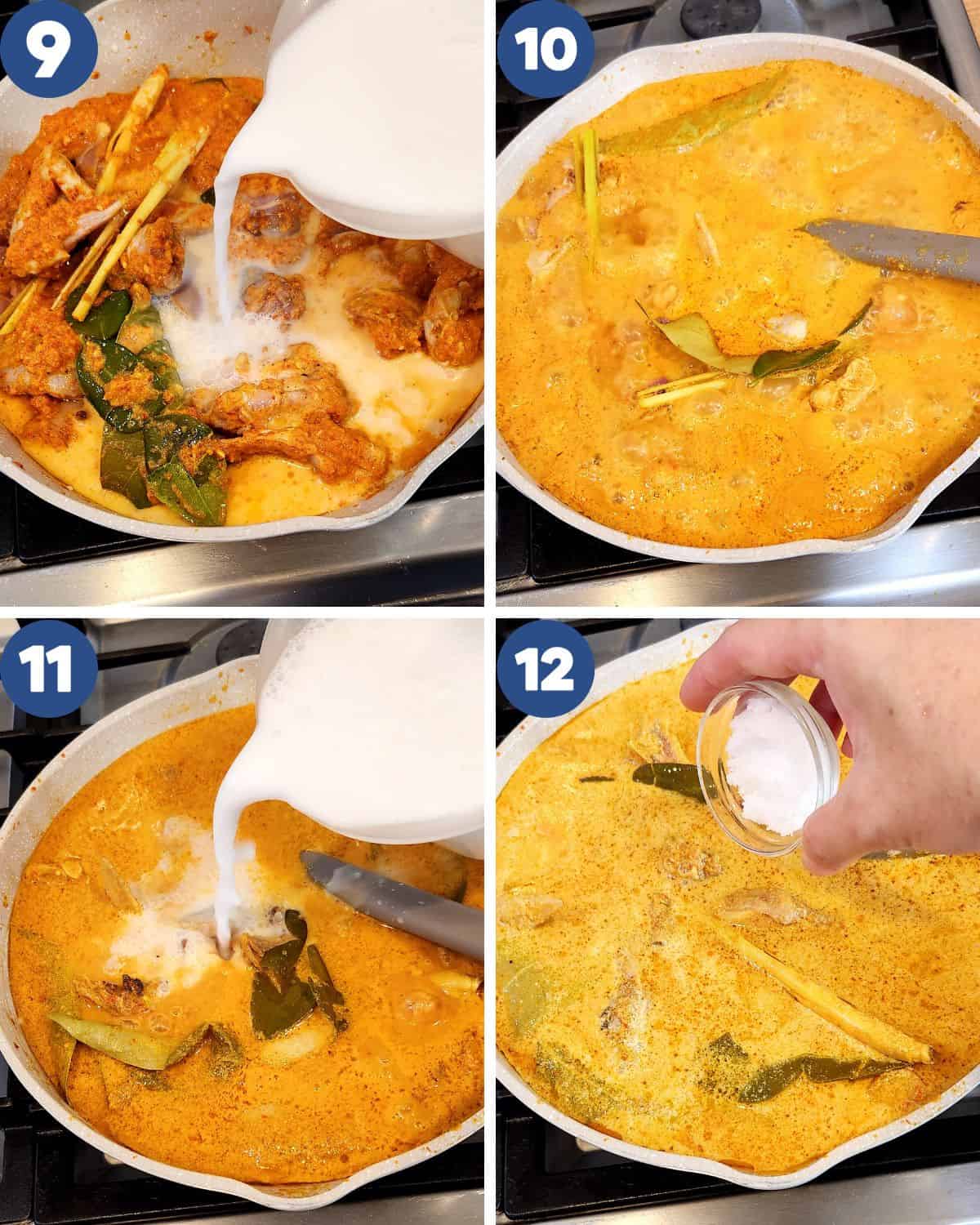 Photo collage of mixing in the coconut milk and seasoning into the broth.