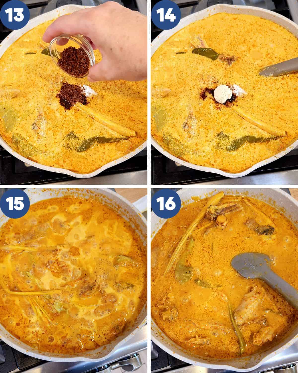 Photo collage of mixing in seasonings and slowly cooking the broth until the water is reduced.