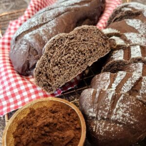 Chocolate Japanese Milk Hearth Bread on red and white cloth.