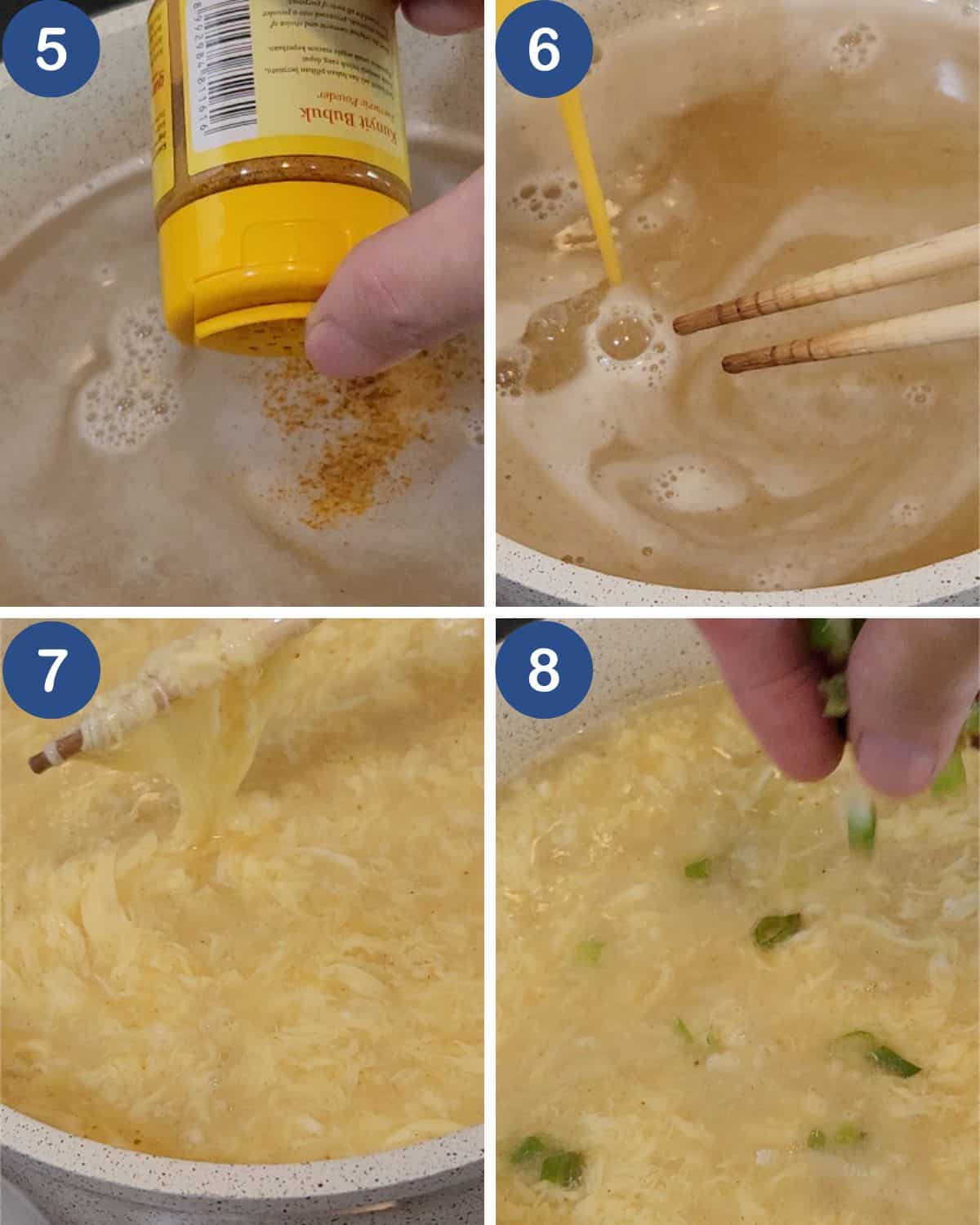 Photo collage of egg drop soup cooking process to make the egg strands.