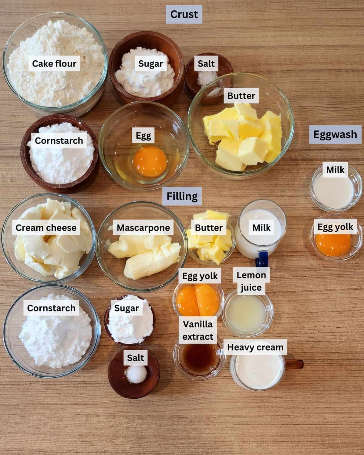 Hokkaido cheese tarts ingredients with labels.