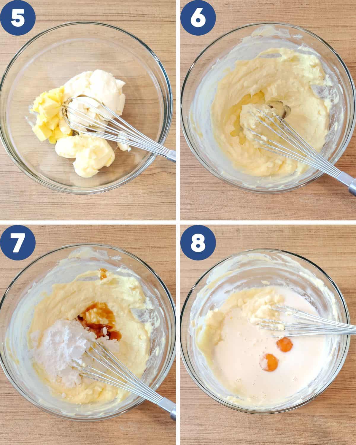 Process photos of mixing the fillings in a bowl with a whisk.