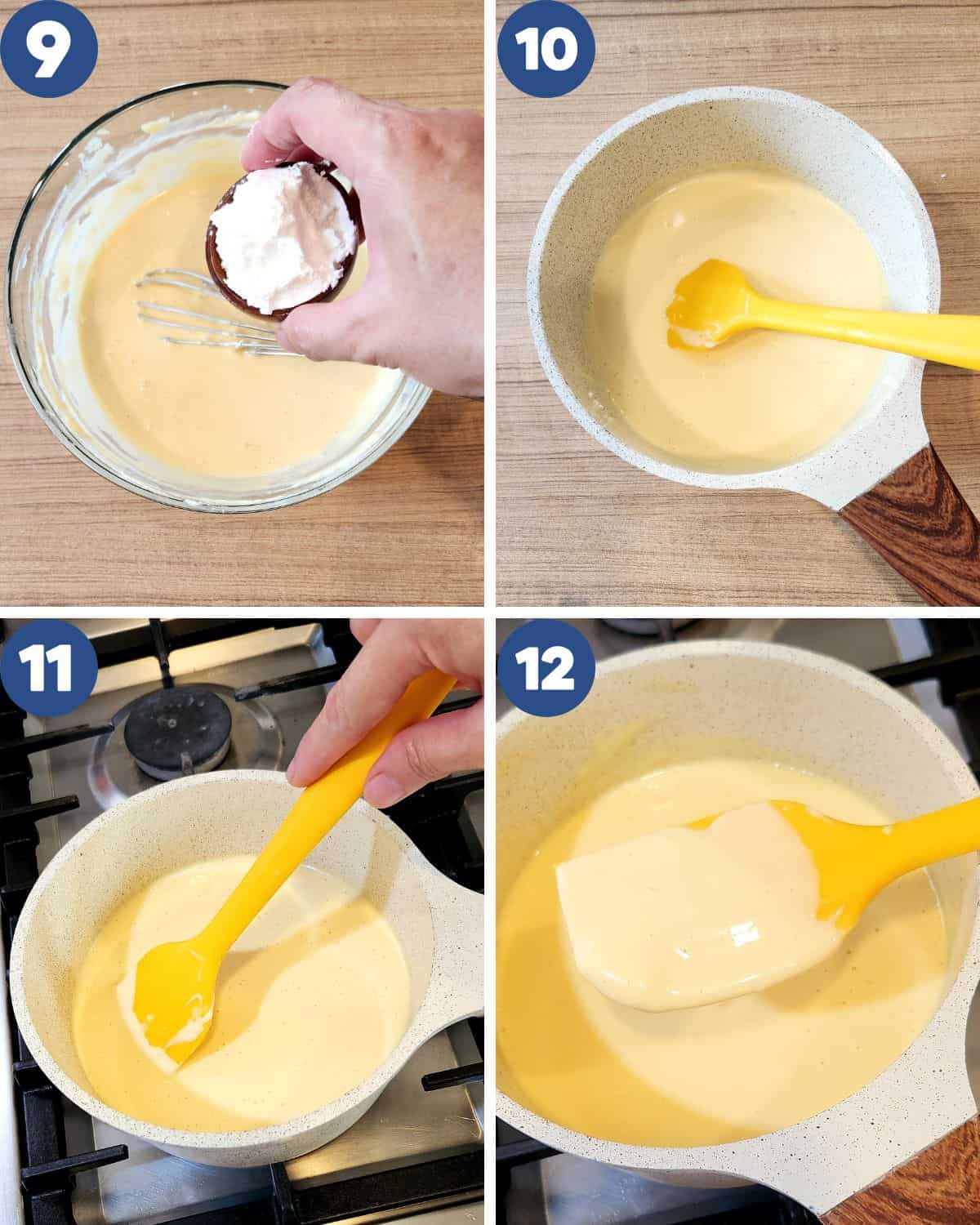 Process photos of cooking the fillings until it thickens.
