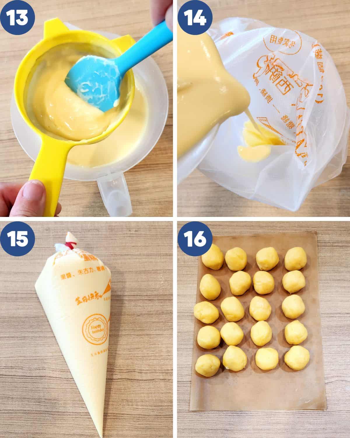 Process photos of putting the fillings into a piping bag and preparing the crust.
