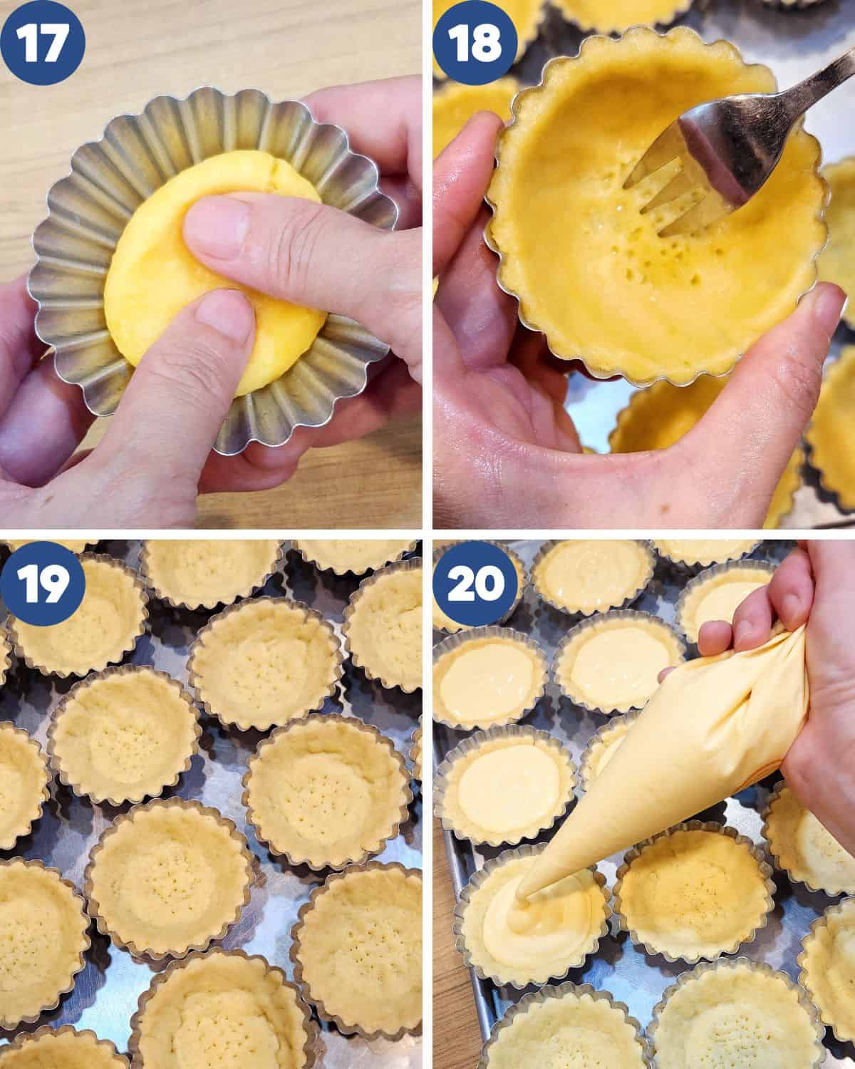 Process photos of shaping the crust, baking, and filling it with the cheese.