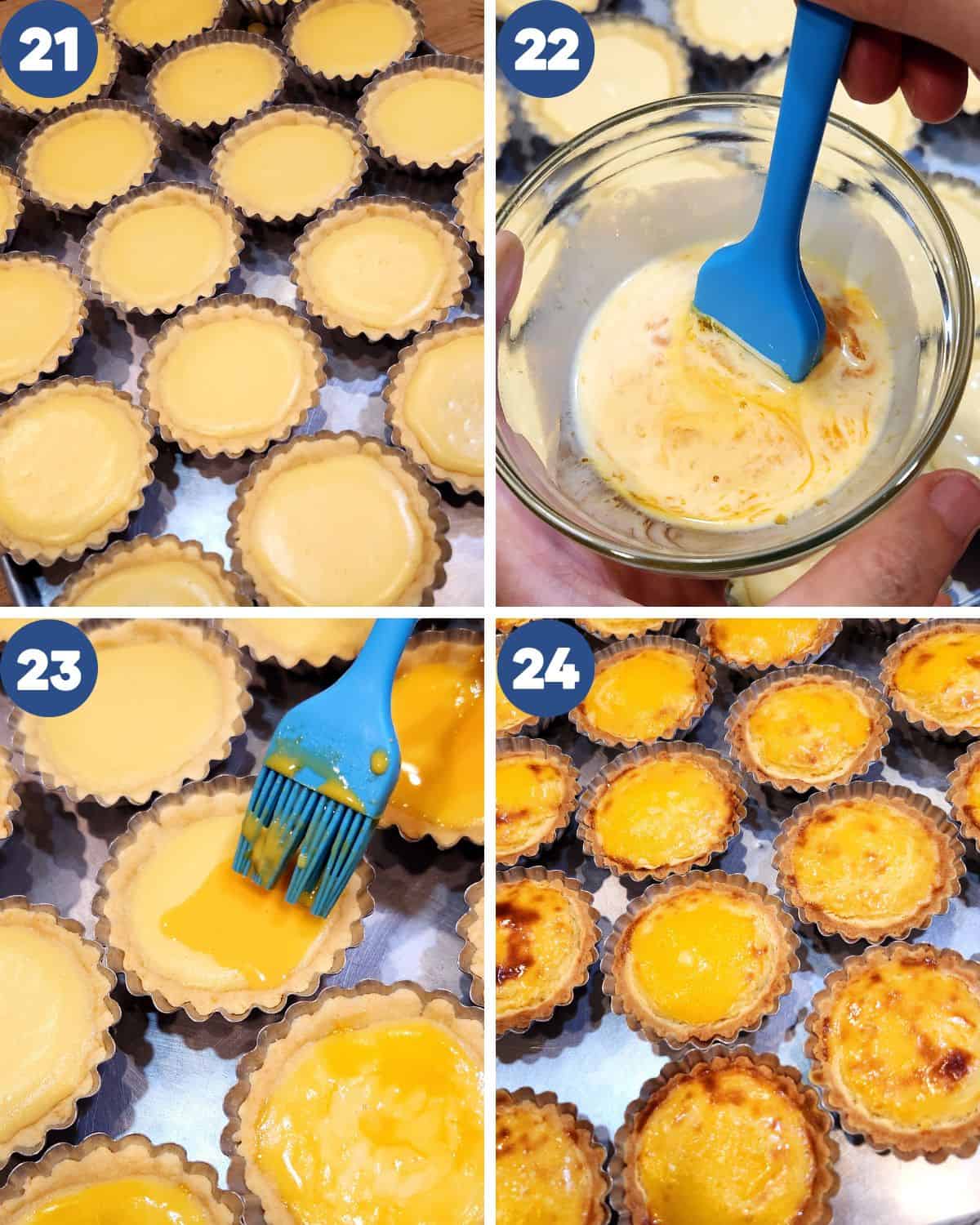 Process photos of brushing egg yolks on the surface of the fillings and baking them.