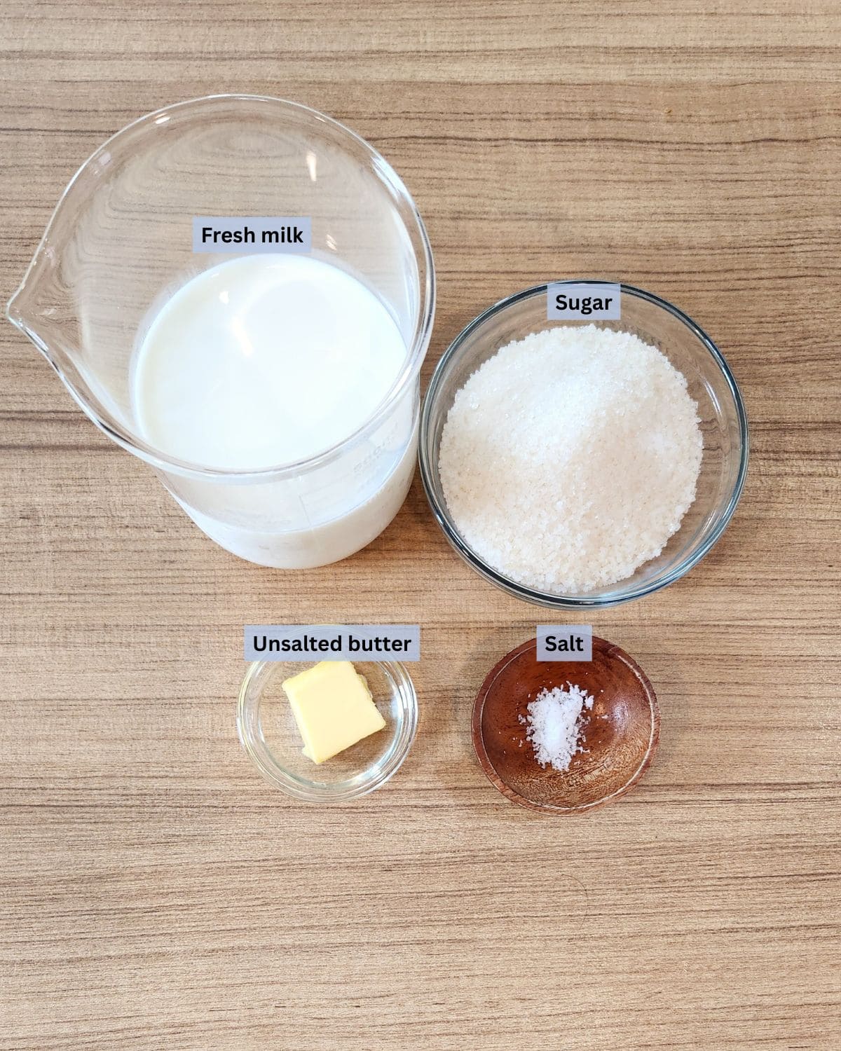 A photo of four ingredients for homemade sweetend condensed milk with labels.