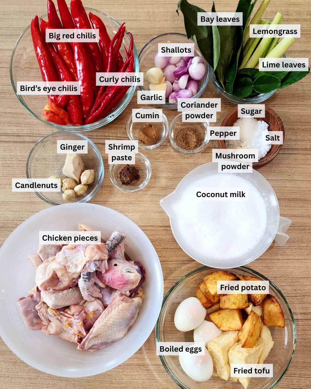 Indonesian Kari Ayam ingredients with labels.