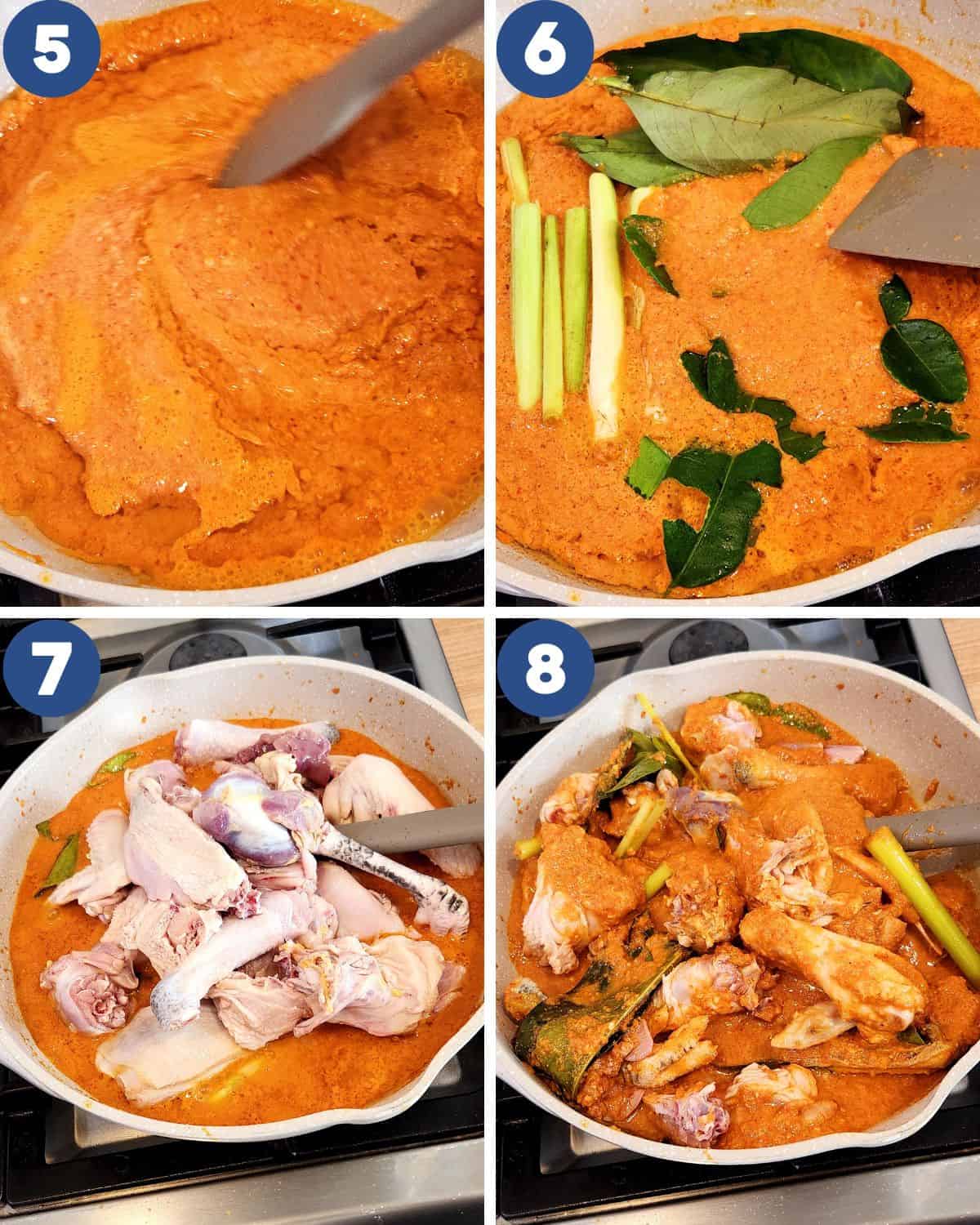 Photo collage of cooking the blended spices, herbs, and chicken.