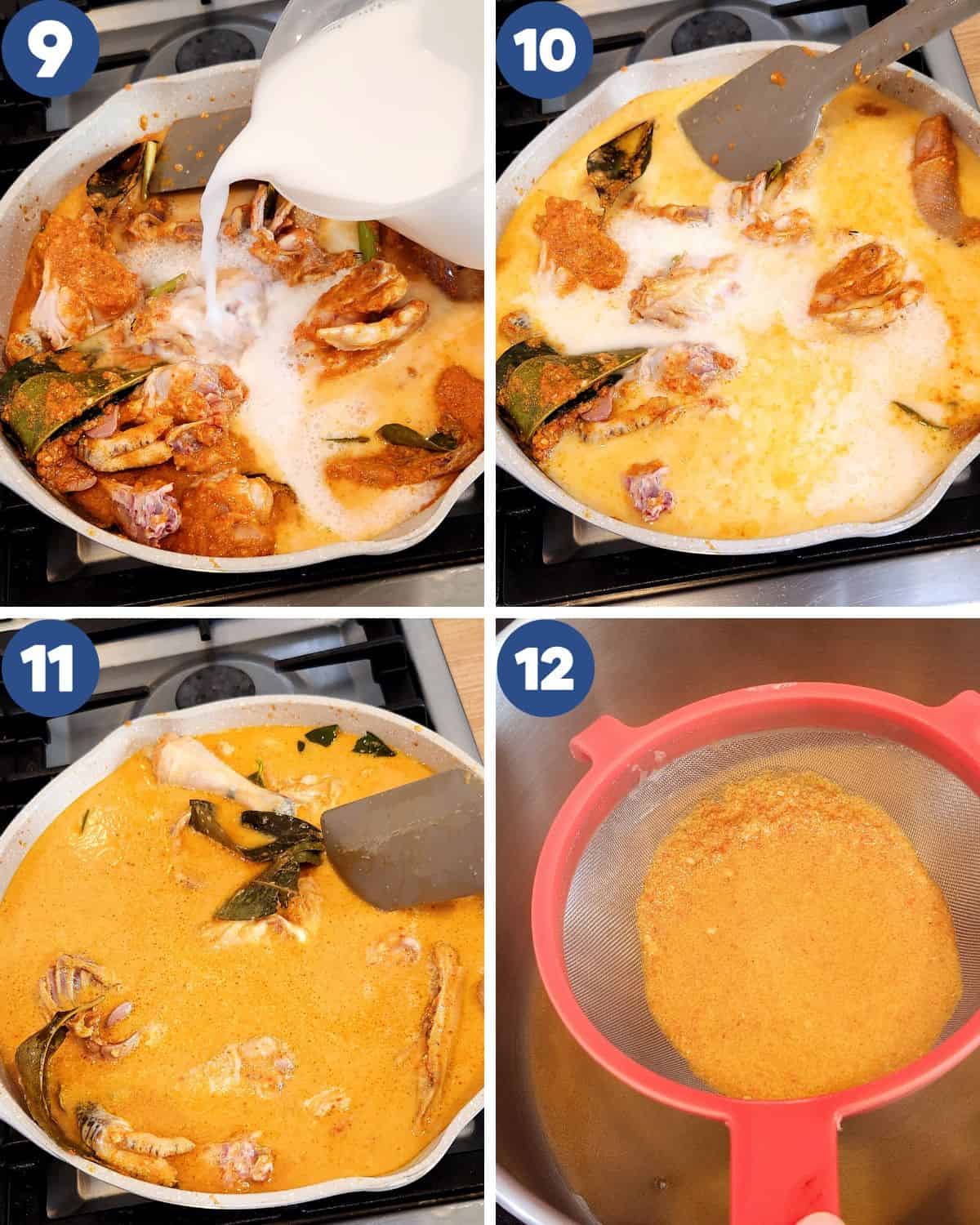 Photo collage of mixing the coconut milk and cooking the broth.