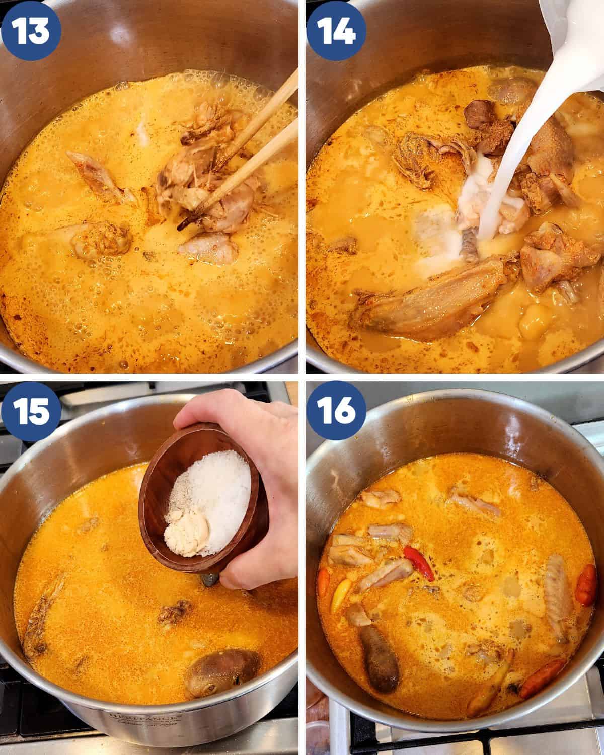 Photo collage of putting in the salt, sugar, and pepper into the soup.