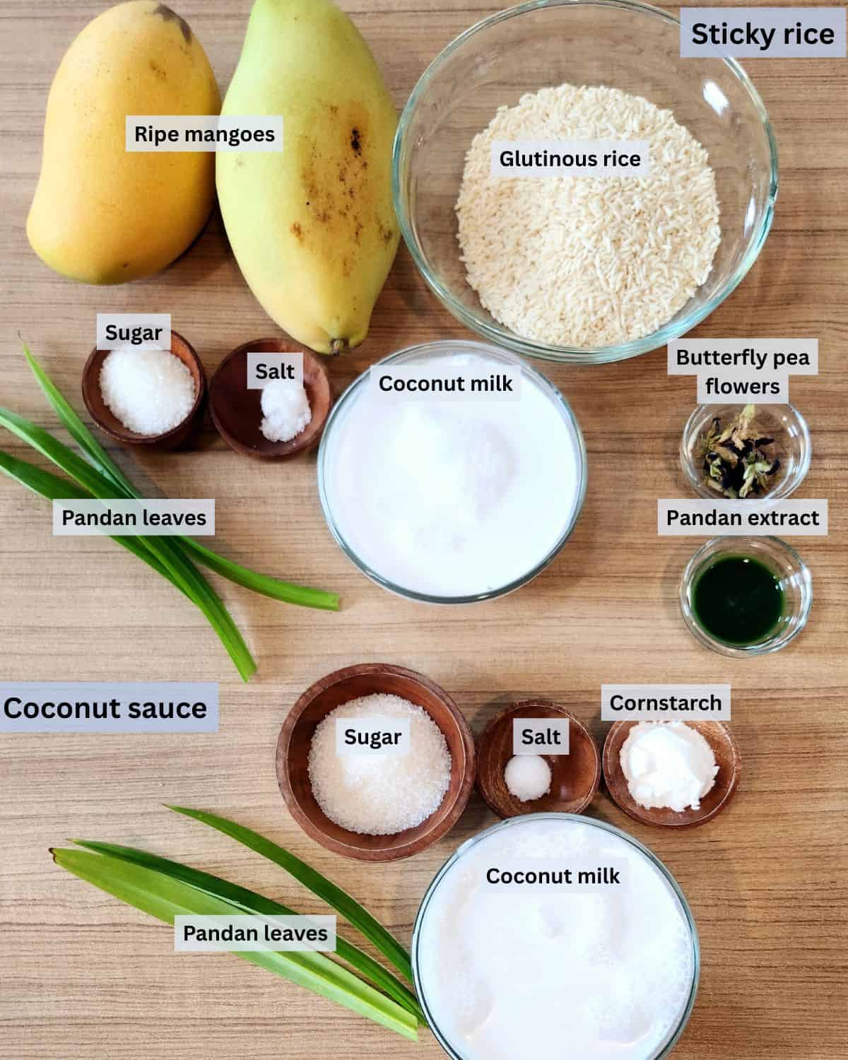 Thailand Mango Sticky Rice ingredients with labels. 