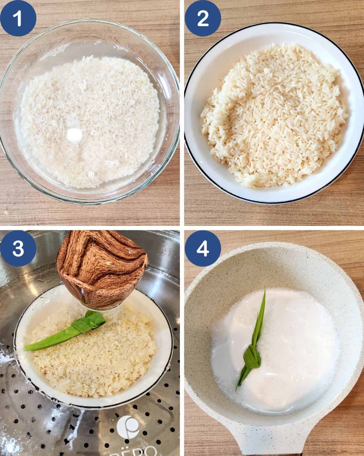 Photo collage of preparing to make the sticky rice in a pot.