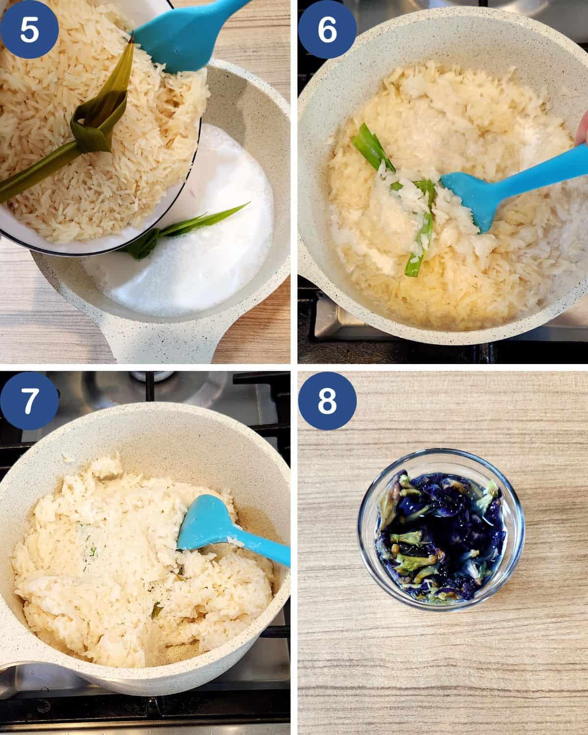 Photo collage of cooking the sticky rice in a sauce pan.