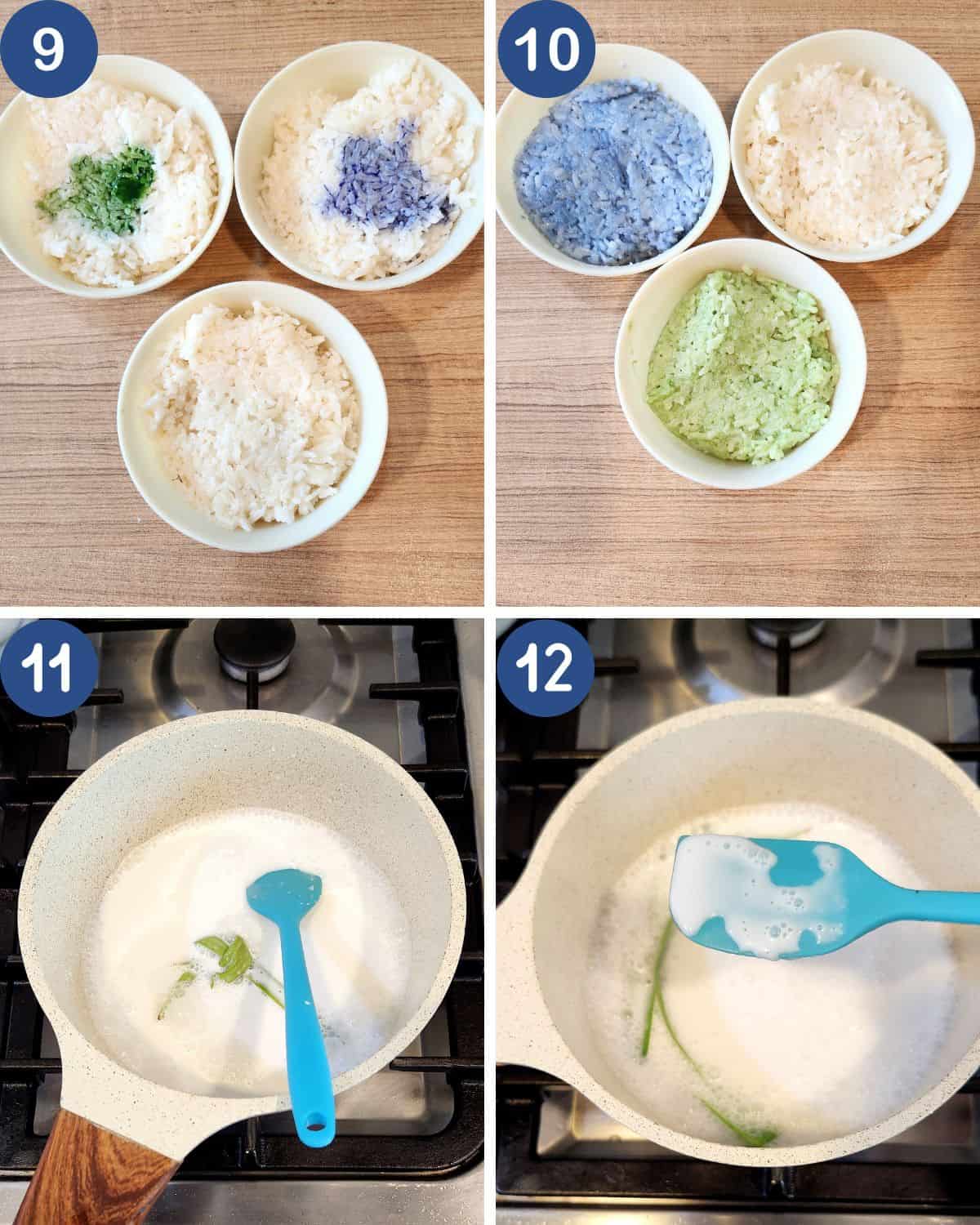 Photo collage of coloring the sticky rice and cooking the creamy coconut sauce.