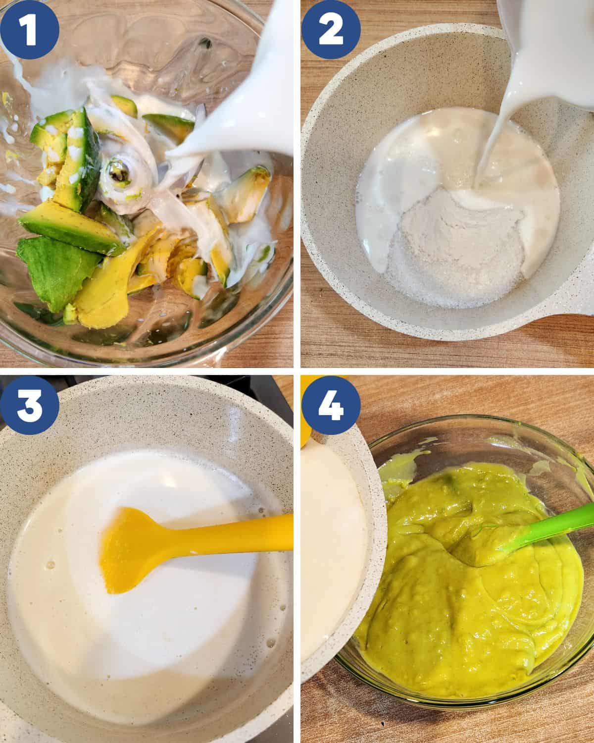 Step by step photo process of making the avocado pudding.