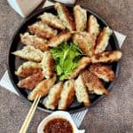 A photo of chicken potstickers lined on a round, black plate with coriander leaves in the center.