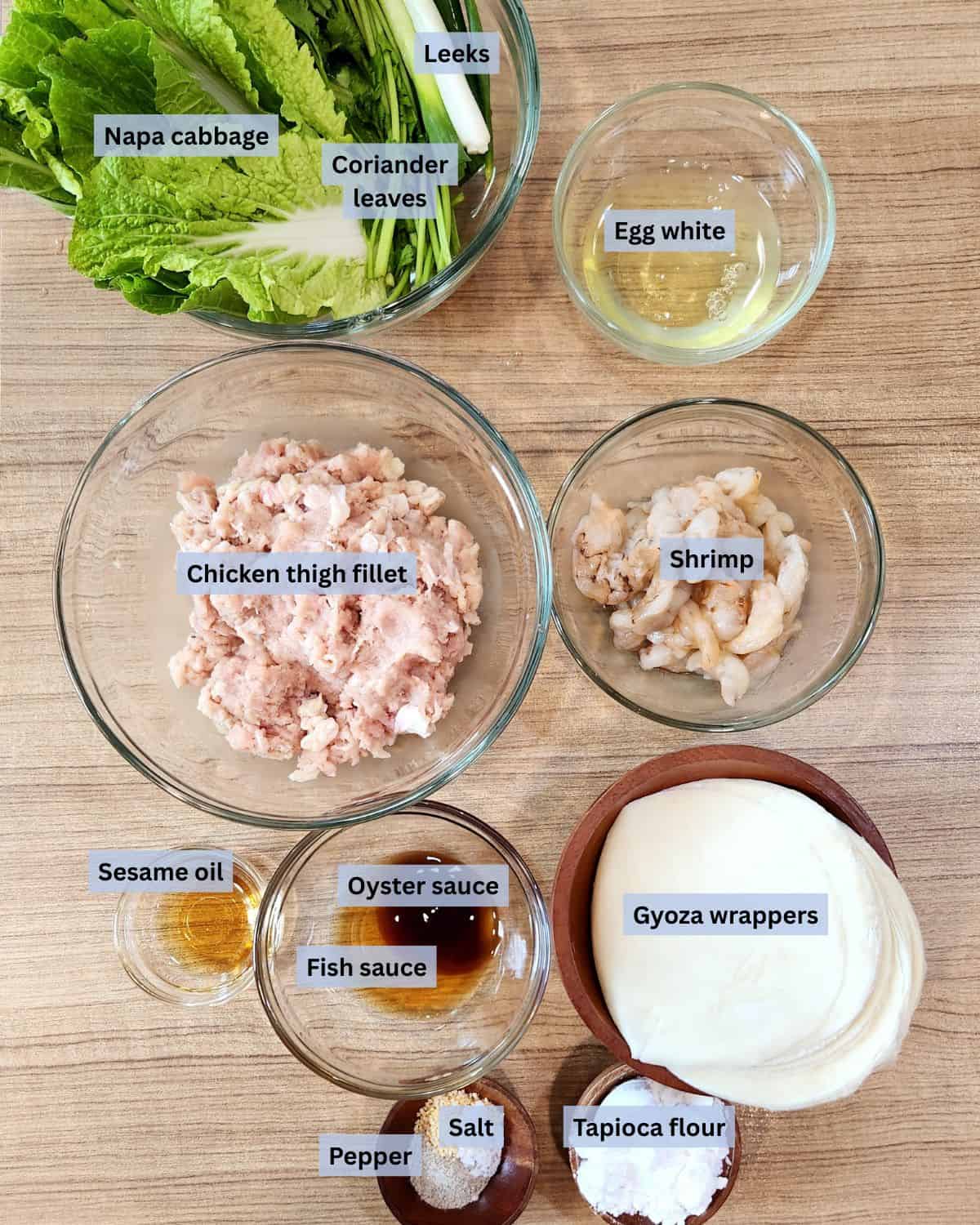 Chicken potstickers recipe ingredients with labels.
