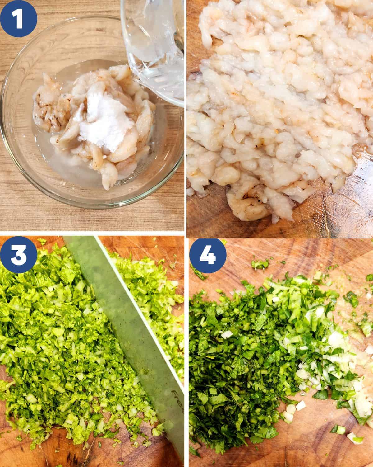 Step by step process of preparing the shrimps and vegetables for chicken potstickers.