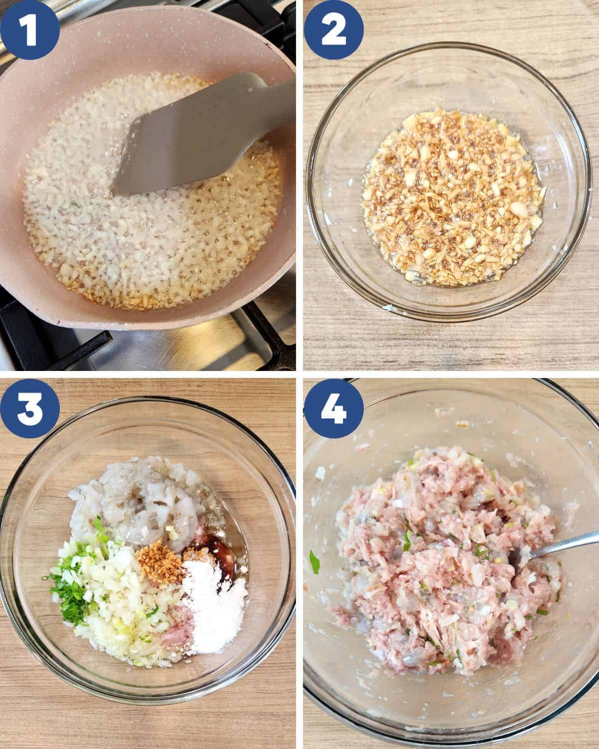 Photos of preparing the minced garlic and mixing all ingredients in a bowl.