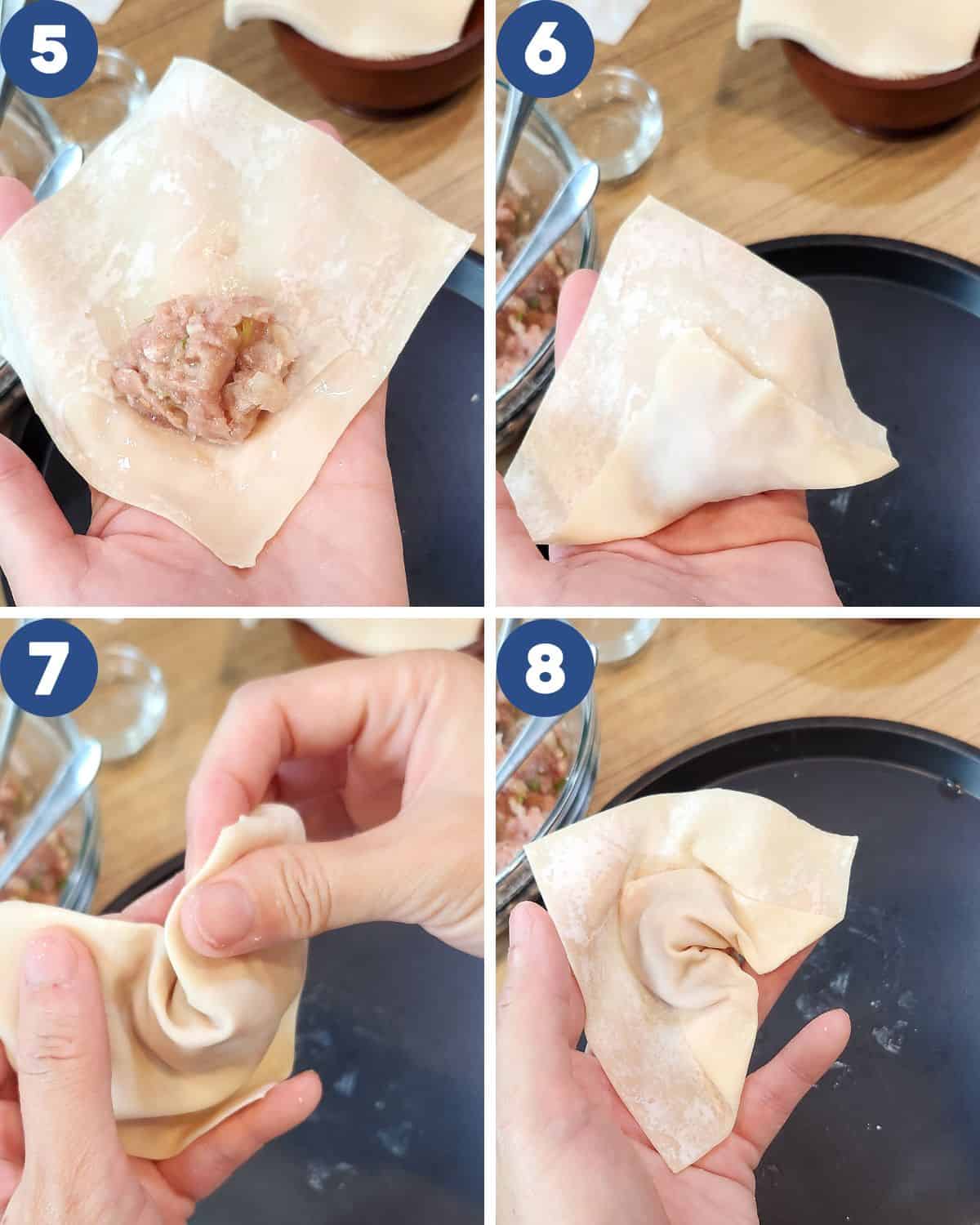 Photos showing how to fold the wontons.