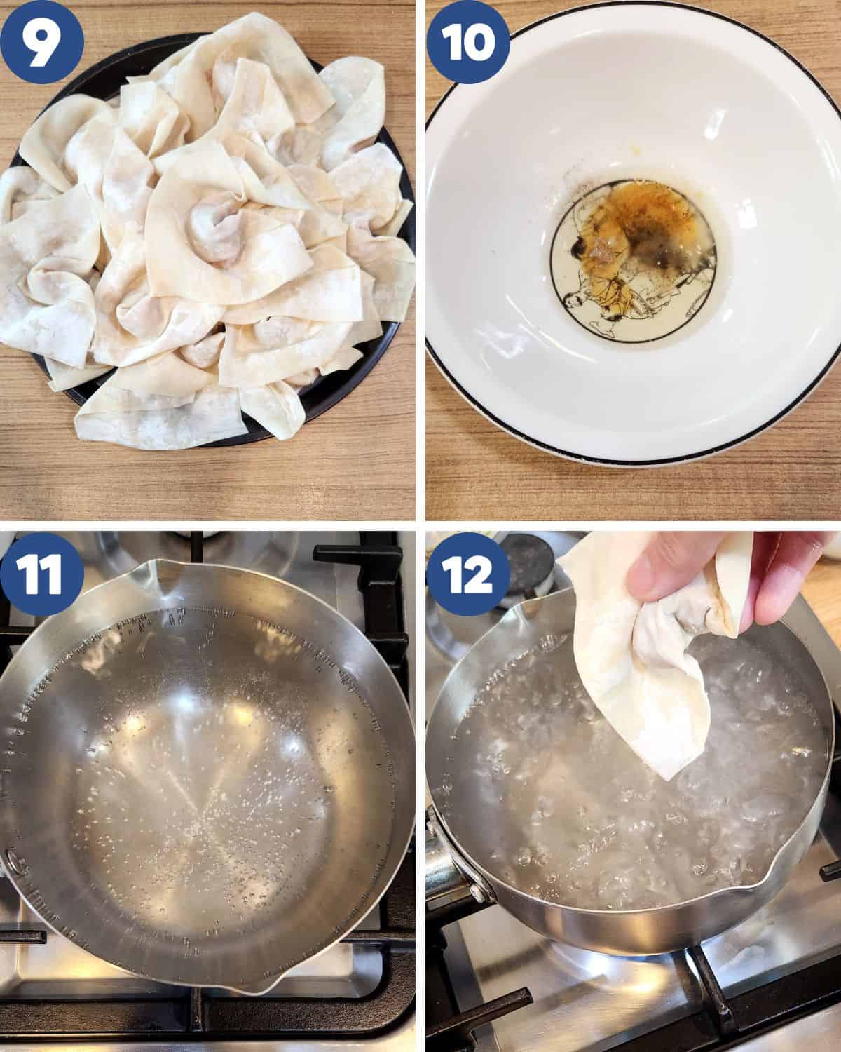 Photos of boiling and preparing the wontons soup.