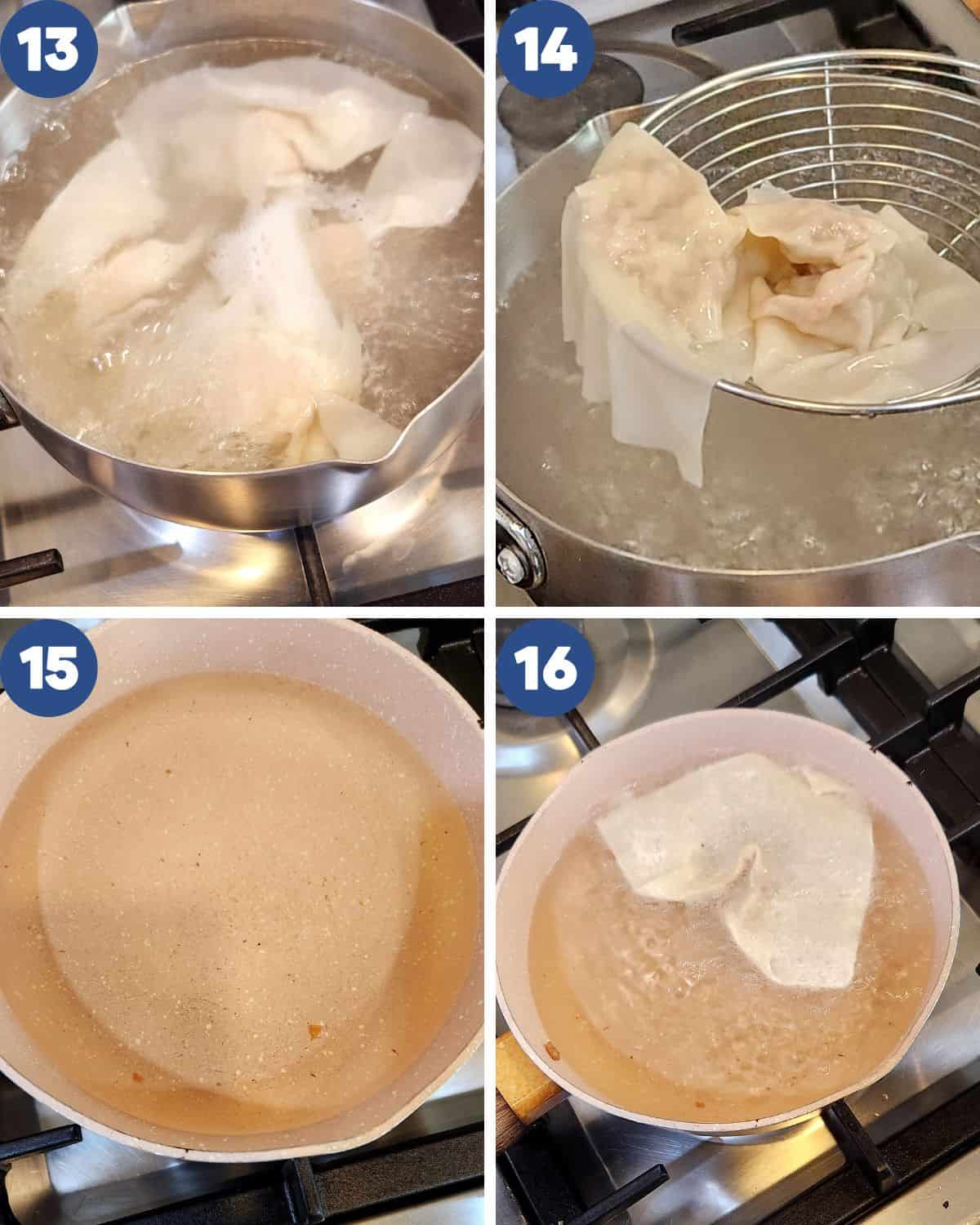 Photos of boiling the wontons and deep-frying the wontons.
