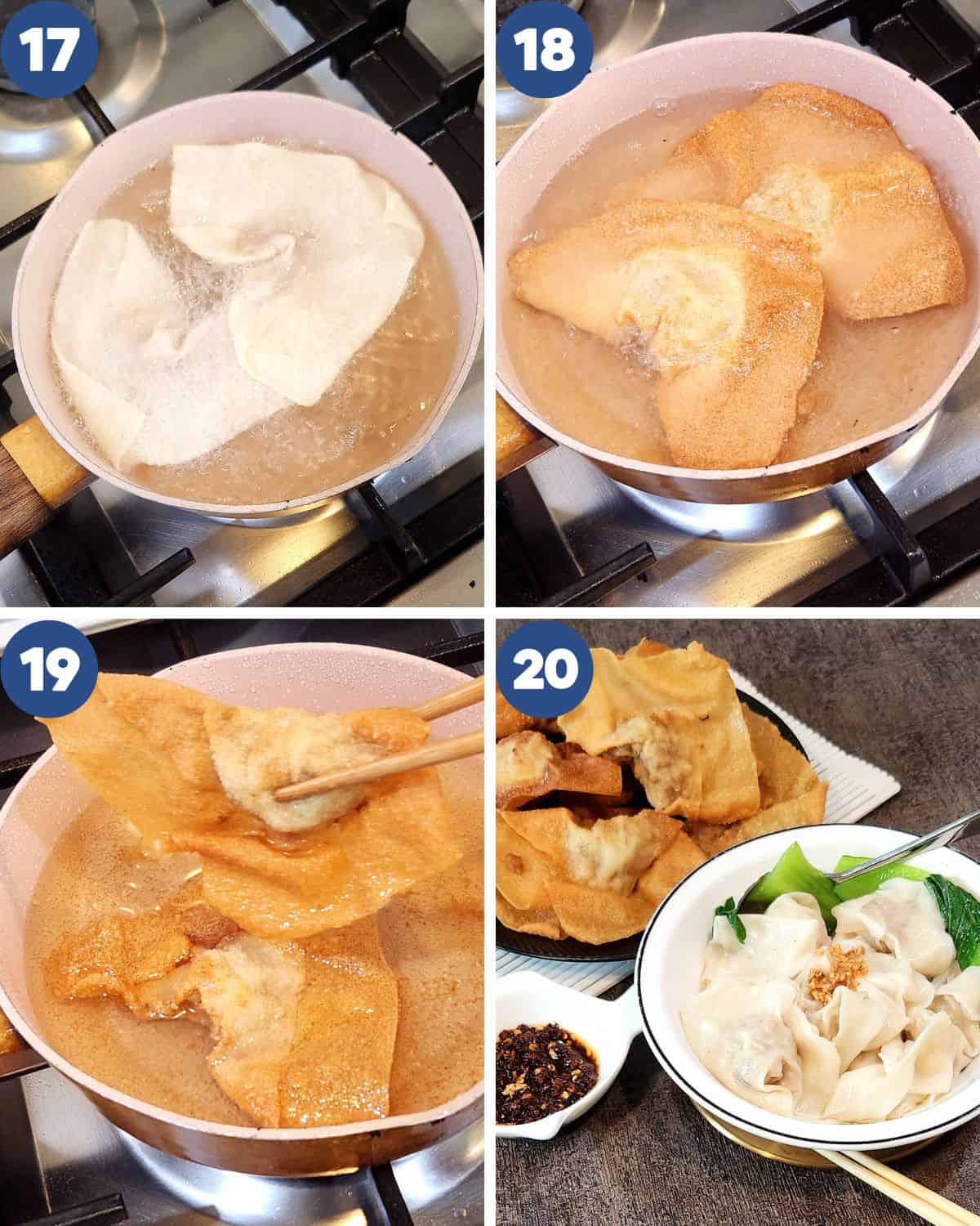 Photos of deep-frying the wontons until golden brown.