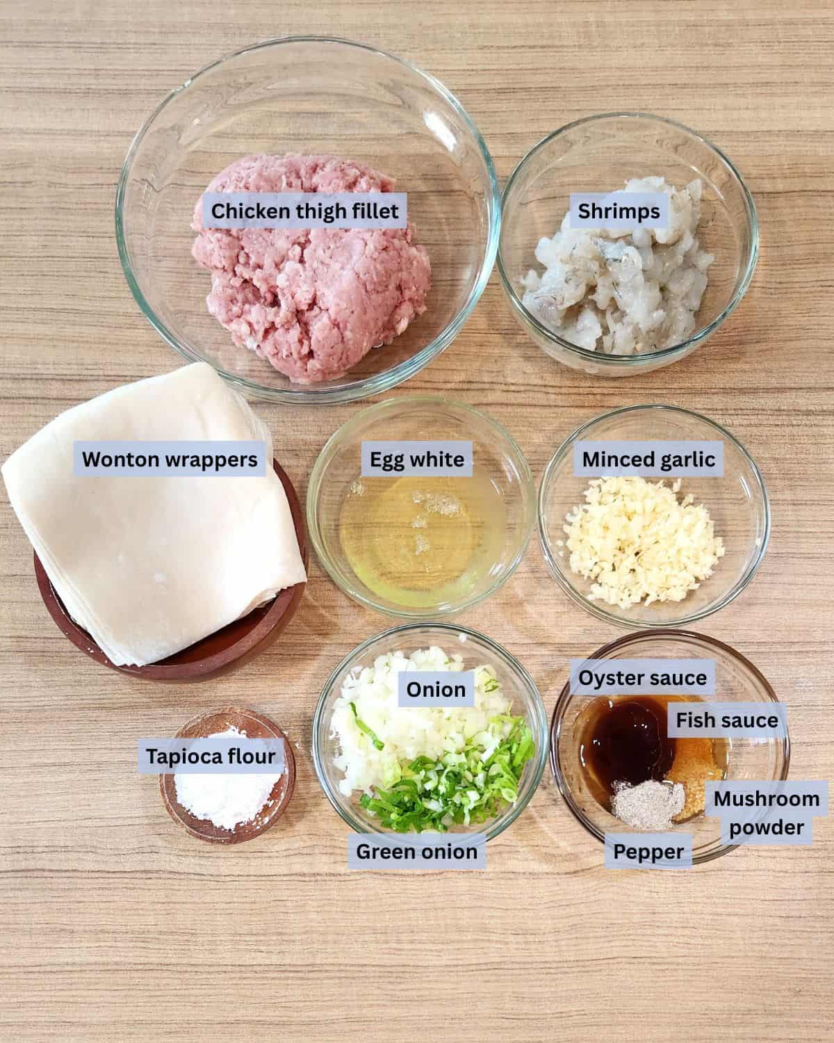 Chicken shrimp wontons ingredients with labels.