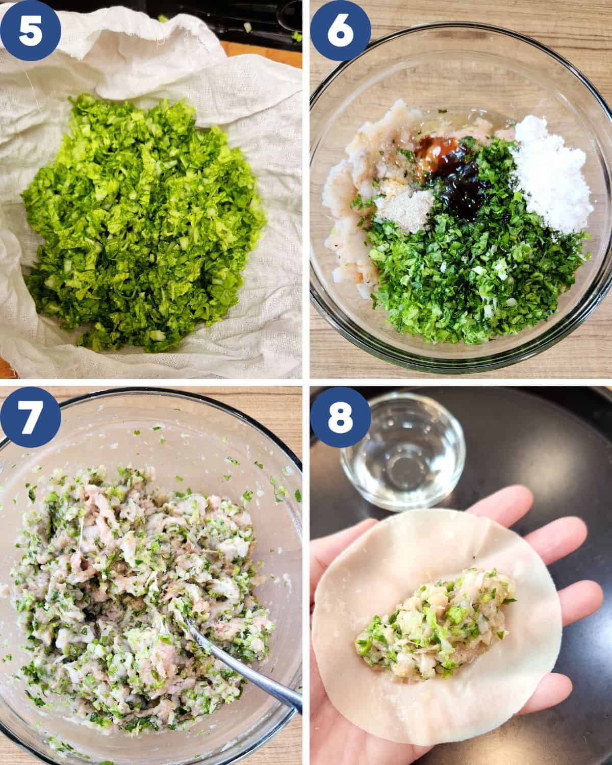 Step by step process photos of mixing the ingredients and wrapping the potstickers.